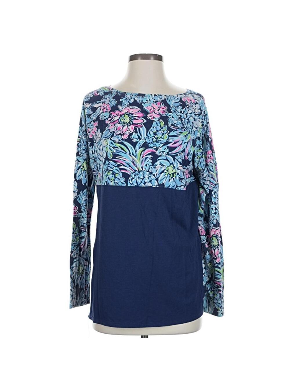 Lilly Pulitzer Blue Floral Long Sleeve Finn Top High Tide T-Shirt Size S